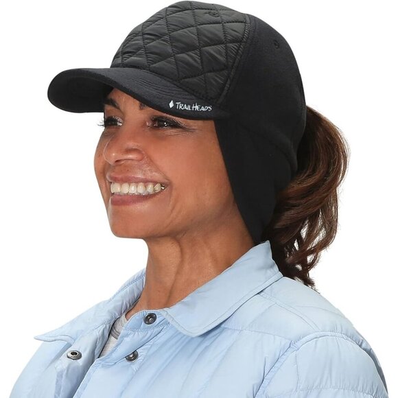 〽️Women’s Quilted/Black Winter Ponytail Trucker Hat with Drop-Down Ear Warmers main image 4